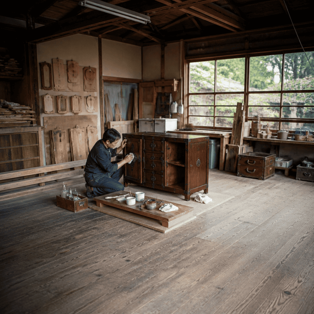 From a rare Edo period Kaidan tansu that once traveled the Nakasendo trade route to a graceful Meiji era clothing chest made from prized keyaki wood and a contemporary kitchen island cleverly created from an antique ship captain’s tansu these pieces reveal the remarkable versatility and enduring beauty of Japanese Tansu Furniture